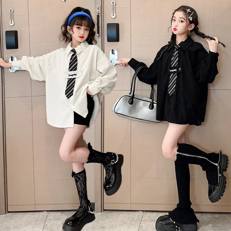 2023 Long Sleeve Shirt Girls White Turn Down Collars Basic Casual Teen Girls Oversize Black Shirts Blouse with Tie Spring Autumn