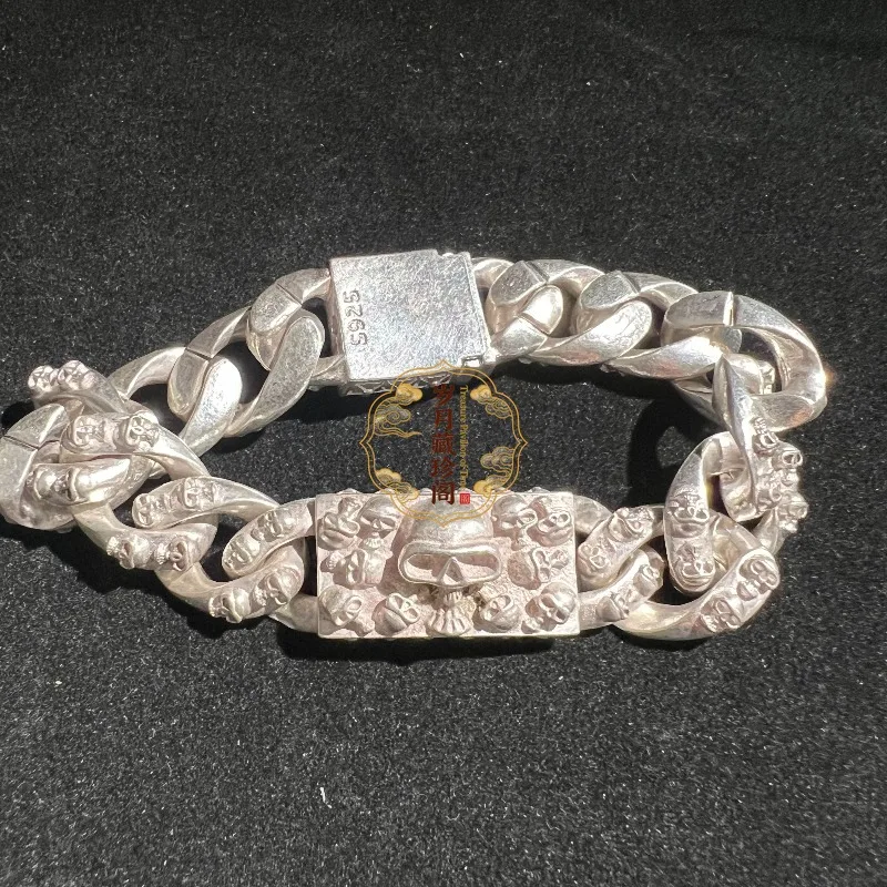 2026 New S925 Chinese Vintage Tibetan Silver Skull Bracelet, Hip-Hop Personality Jewelry, Trendy Gift for Men Women