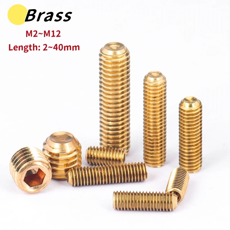 1~20pcs Brass Hex Socket Cup Point Set Screw M2 M2.5 M3 M4 M5 M6 M8 M10 M12 Headless Allen Head Grub Screw Bolt Length 2mm~40mm