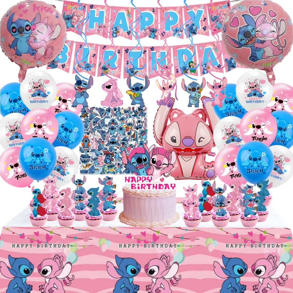 Disney Stitch Party Decorations Set Pink Angel Theme Balloons Stickers Tablecloth Banner for Kids Girls Birthday Party Supplies