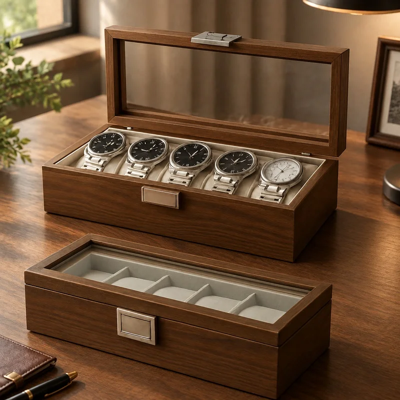 Black Walnut Wood Watch Organizer Display Box Holds 6 Timepieces
