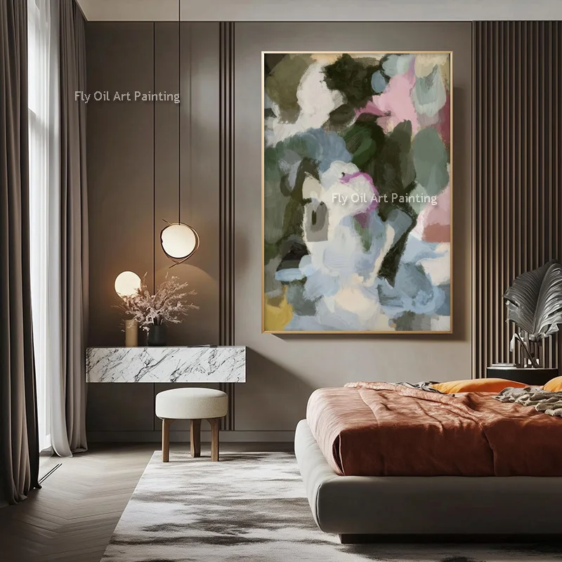Large White Abstract Knife Thick Oil Painting New Original Artwork Decor For Living Room Hand Painted Blue Black Color Messy Art
