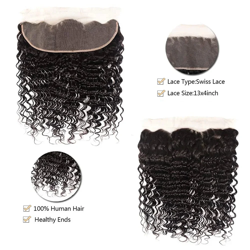 Curly Human Hair Bundles With Closure Lace 13x4 Frontal 100% Real Human Hair Extensions 22 24 26 Inches Natural Color For Woman