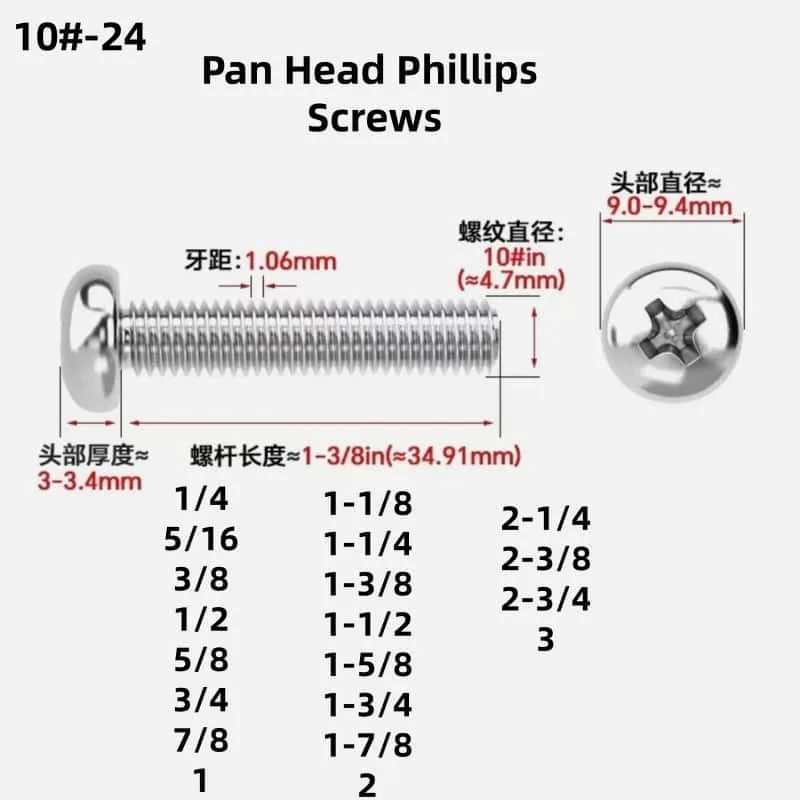 50Pcs 10#-24 Countersunk Cup Point Hex Socket Pan Head Phillips Screw UNC UNF 304 Anti-Slip Wear-Resistant Corrosion-Resistant