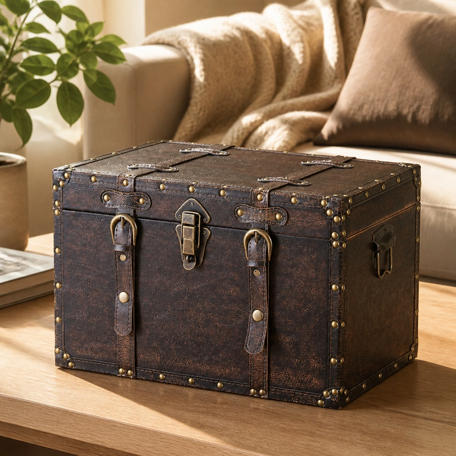 Vintage Style Wooden Trunk with Front Clasp Dark Gray Finish Hinged Lid for Bedroom Decor Storage