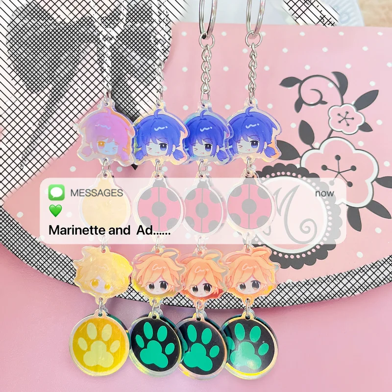 Marinette & Adrien Series Keychain Cartoon Couple Pendant Ladybug Reddy Surrounding Miracle Girl Laser Changing Color Keychain