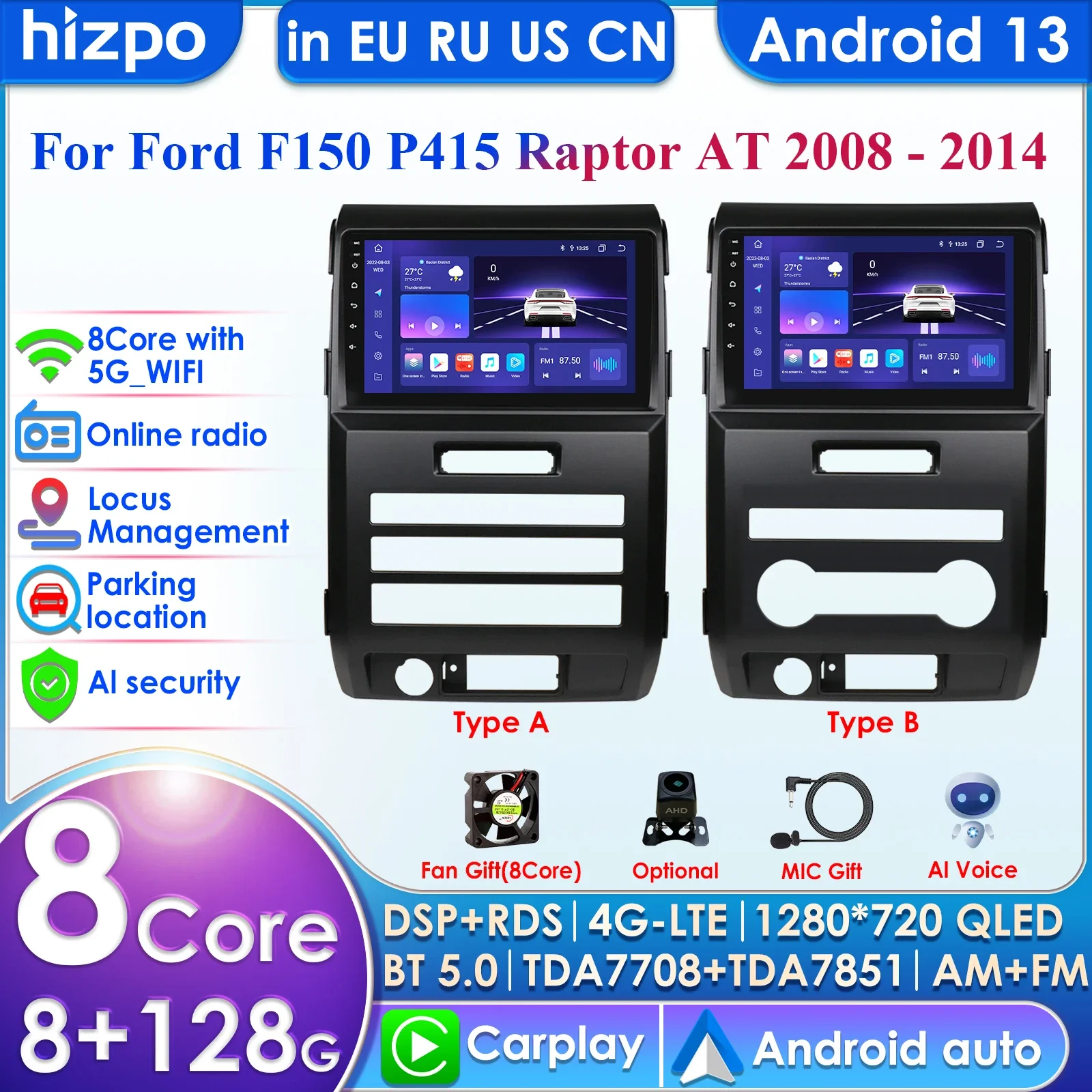 

Hizpo 9 Inch Carplay 4G 2 Din Android 13 Car Radio for Ford F150 P415 Raptor 2008-2014 Multimedia Video Player Navi GPS DSP WIFI