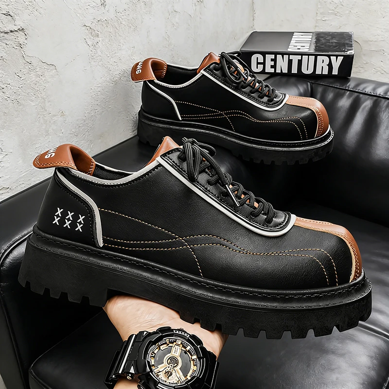 

Мужские ретро-ботинки дерби в британском стиле, увеличивающие рост, с цветовыми блоками, повседневные кеды в стиле панк, на толстой подошве, модные кроссовки с массивным носком