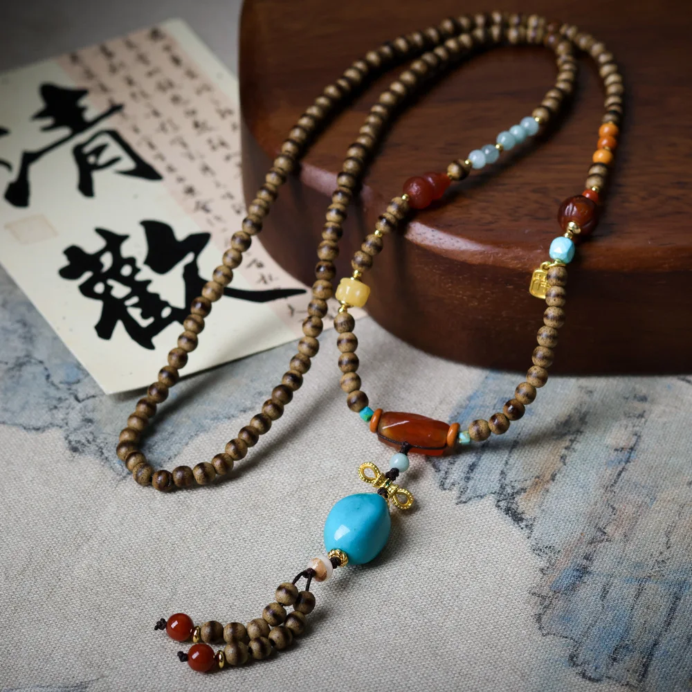 One line butter, agarwood, hand woven new Chinese style necklace, magnesite, turquoise, stationery, sweater chain