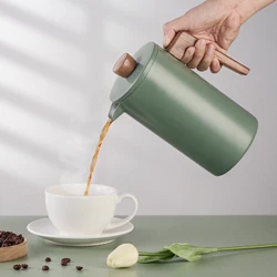 1pc Green French Press Coffee Maker, Coffee Press with Real Wood Handle, Double Wall Insulation & Dual-Filter Screen