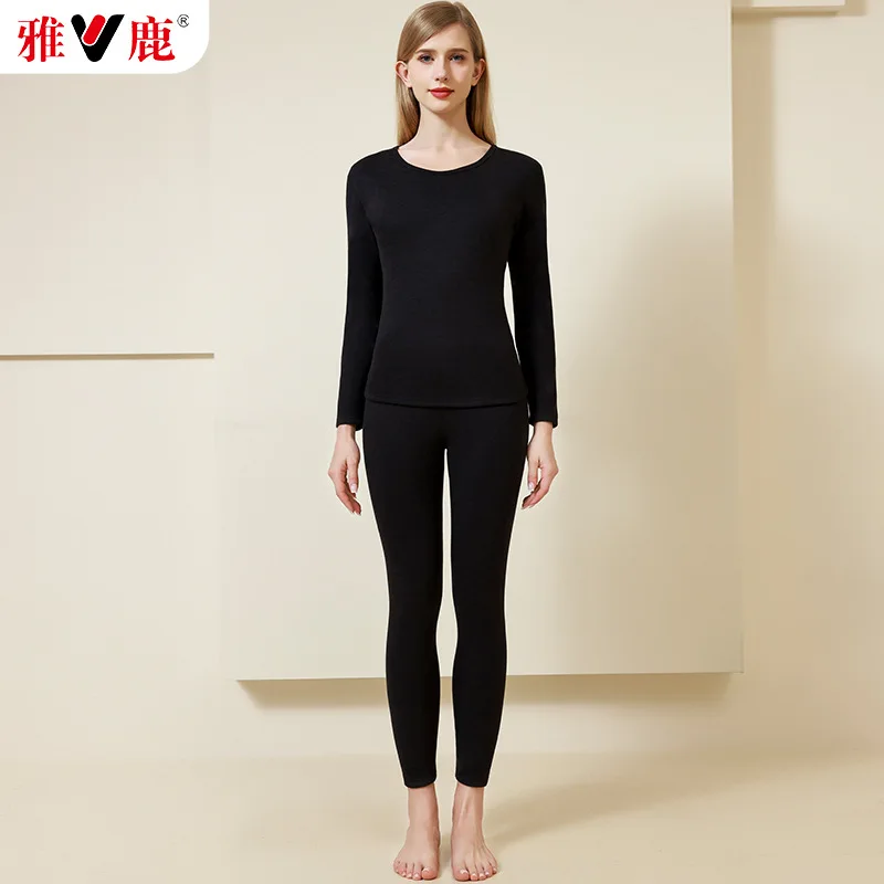 2-piece ladies' autumn and winter black round neck autumn clothes and trousers Thermal Underwear Soft Fleece Lined Clothes