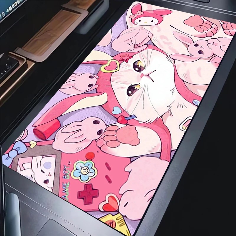Custom Play Mat Game Mousepad Computer Pink Mouse Pad Non-Slip Natural Rubber Carpet Cute Amine Cat Pattern Desktop Keyboard Pad