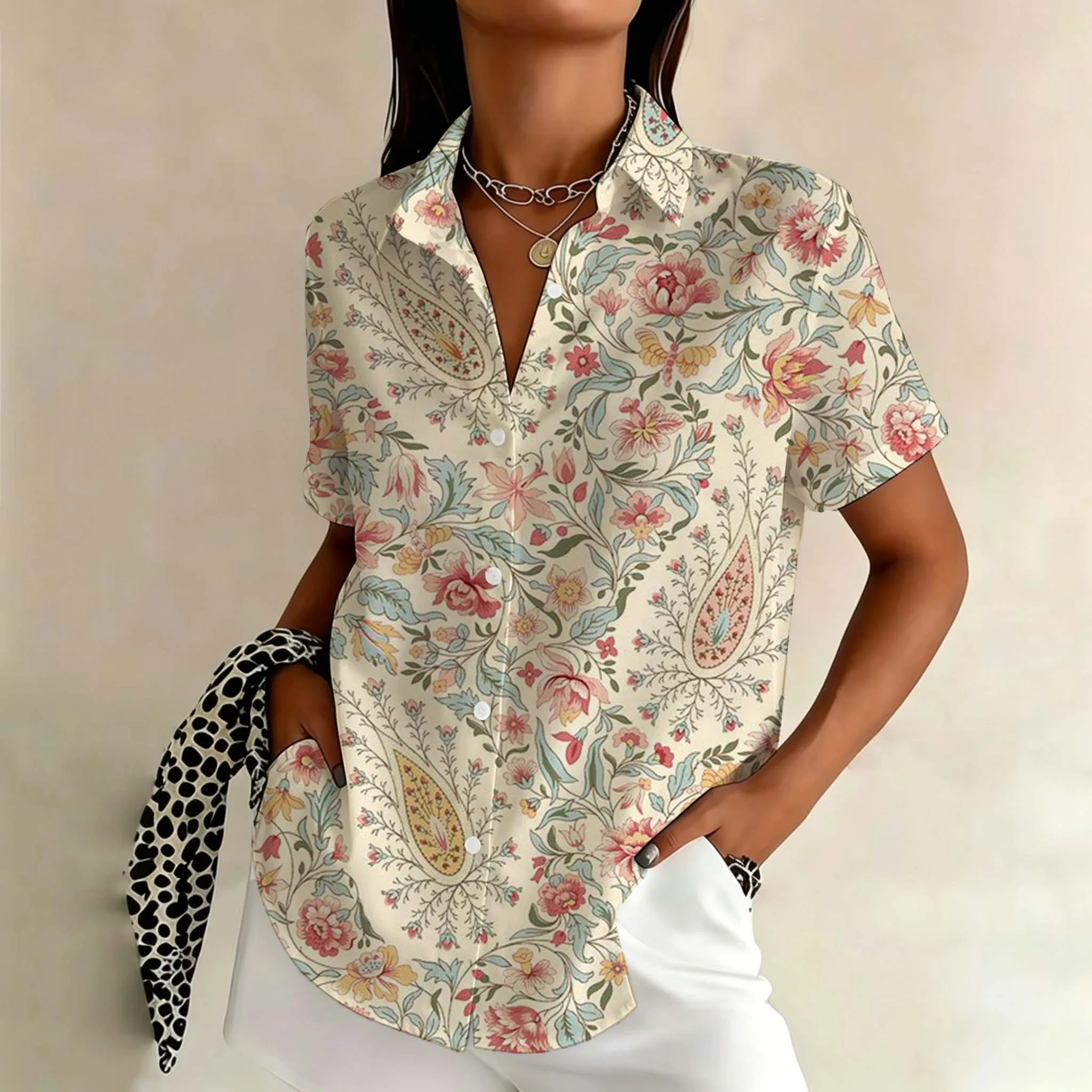 Women's Vintage Ethnic Floral Shirt White Short Sleeve Button Down Elegant Graphic Blouse Summer Casual Tops Fashion Clothing