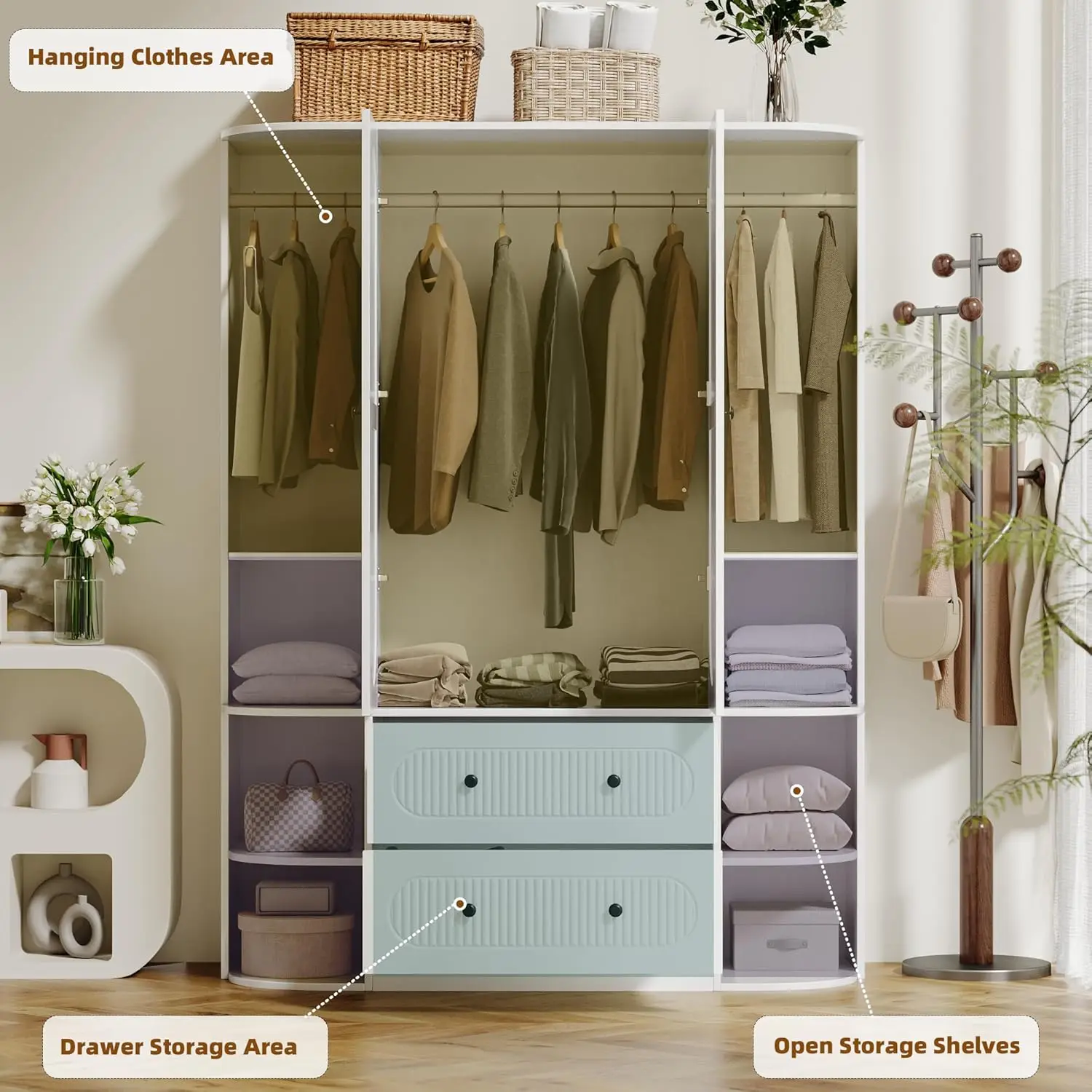 خزانة ملابس خشبية بيضاء مخددة مقاس 69 بوصة مع بابين، و3 قضبان، ودرجين، و6 أرفف