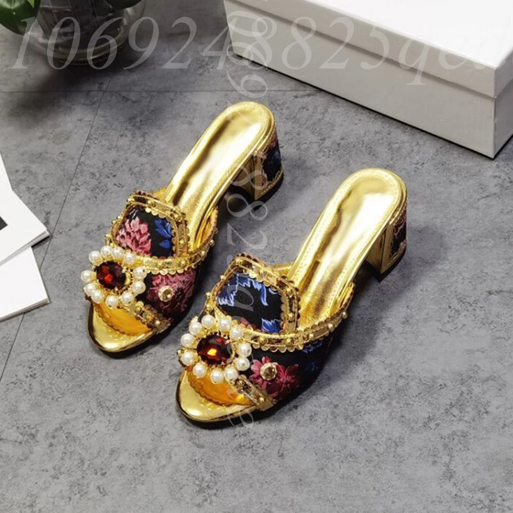 Women's Floral Print Slide Sandals Gold Metallic Trim, Pearl Embellishment, Open Peep Toe Block Heel with Patterned Detail Shoe view 3