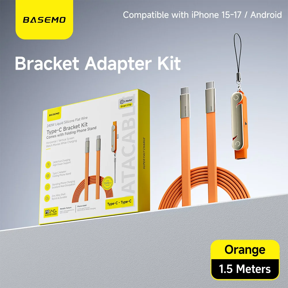 Câble de données pliable 2-en-1 noir/orange 240W à charge rapide avec support pour téléphone et tablette, Type-C vers Type-C