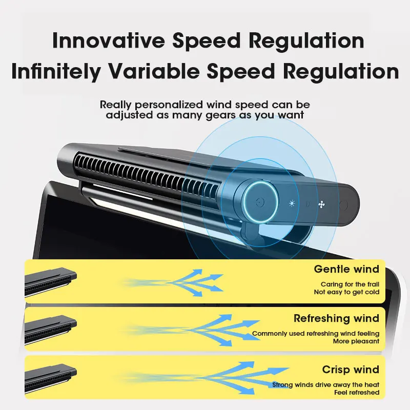 블레이드리스 컴퓨터 걸이식 스크린 선풍기, 데스크톱 선풍기 쿨러, 무단 속도 조절 가능, 저소음, 가정 사무실용, 2000mAh