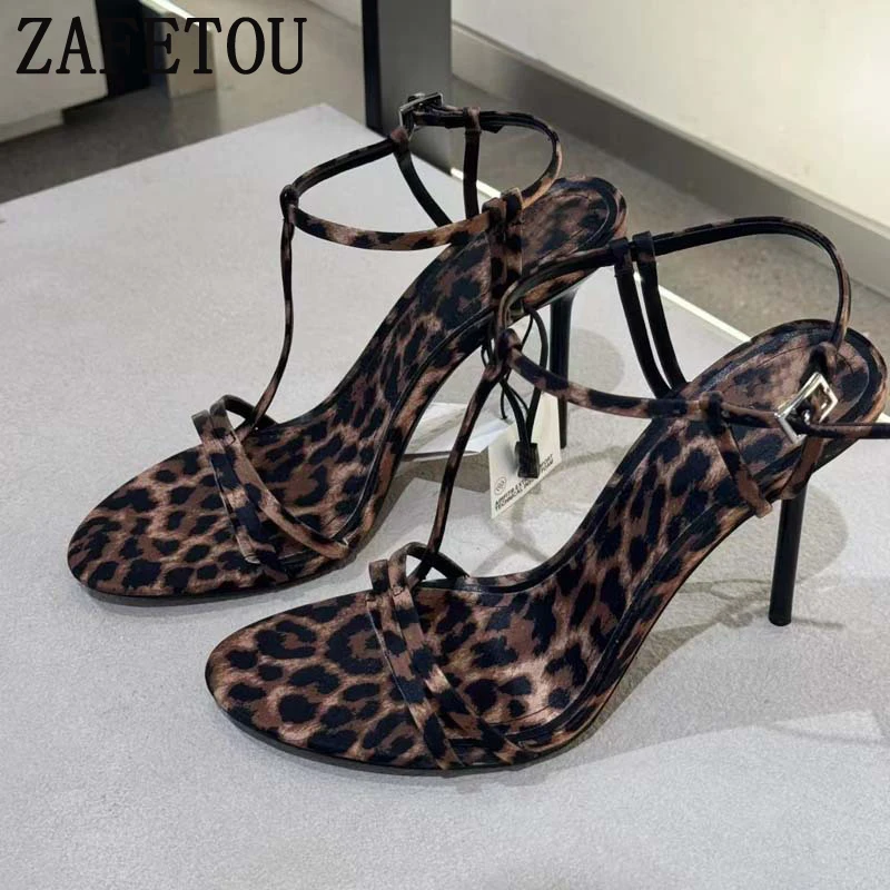 Zafetou Leopard Print Shoes Women 2024 Trend Summer New Products Exposed toes High heels Sexy Ankle Buckle Strap Women's Sandals