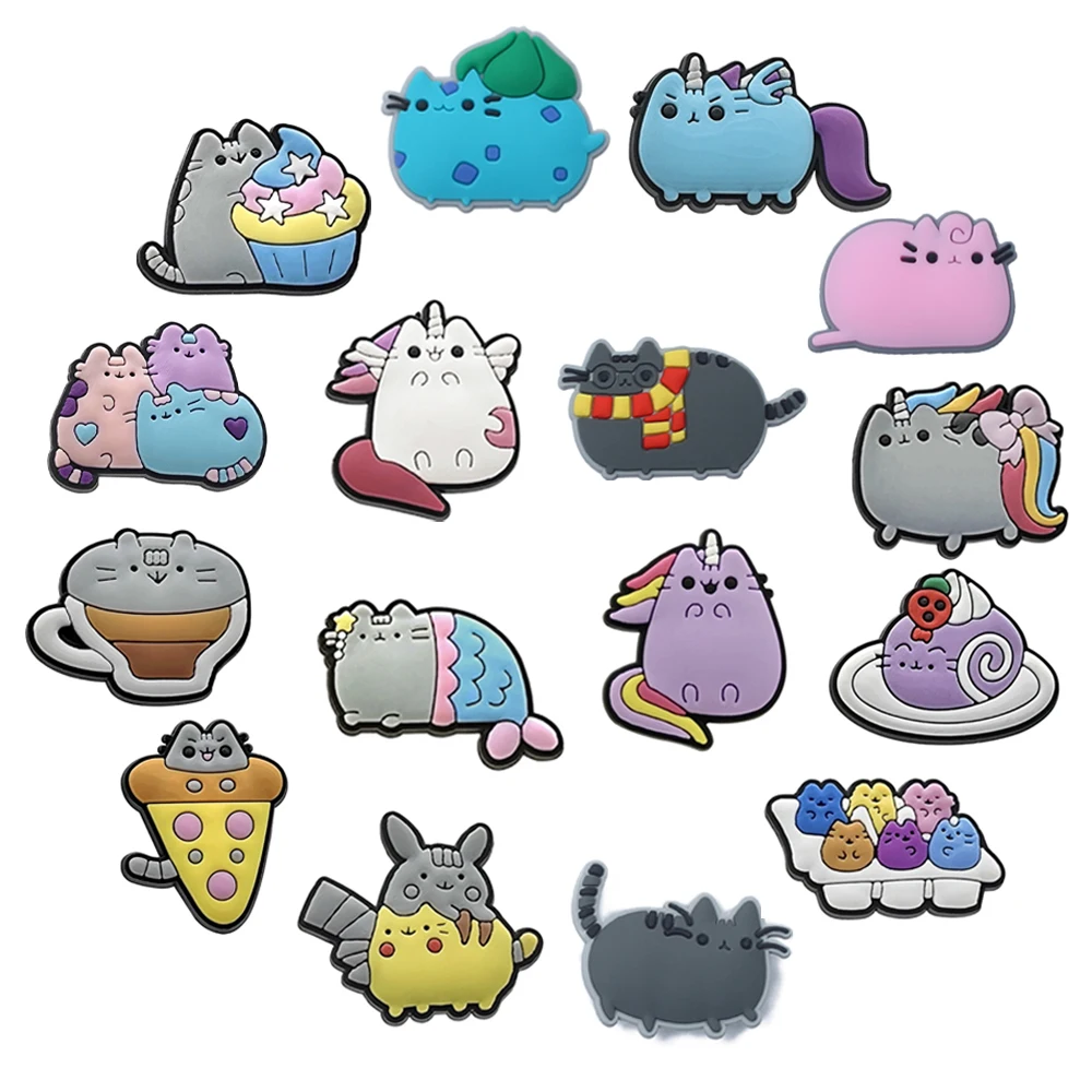 PVC Sapato Encantos para Crianças, Gato Kawaii, Sorvete, Bolo Donut, Sapatos Dos Desenhos Animados, Acessórios, Decoração para Tamanco, Sandália, Presentes de X-mas, 16 Pçs/Set