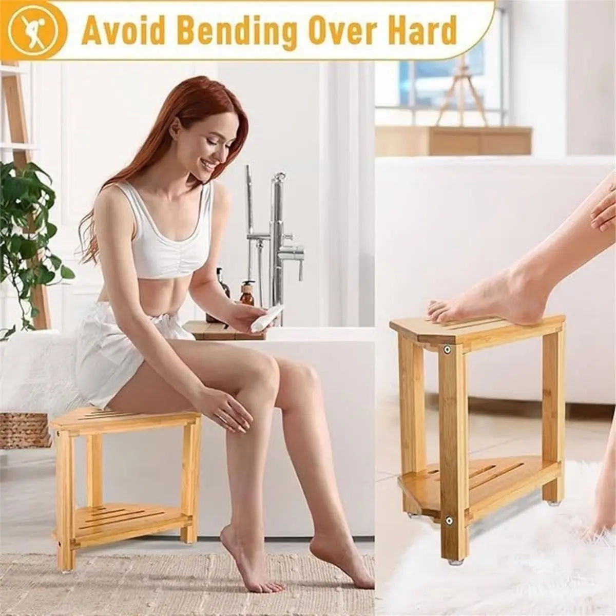 Shower Foot Rest, Shower Stool for Shaving Legs, Waterproof Wood Corner Shower Stool with Storage Shelf