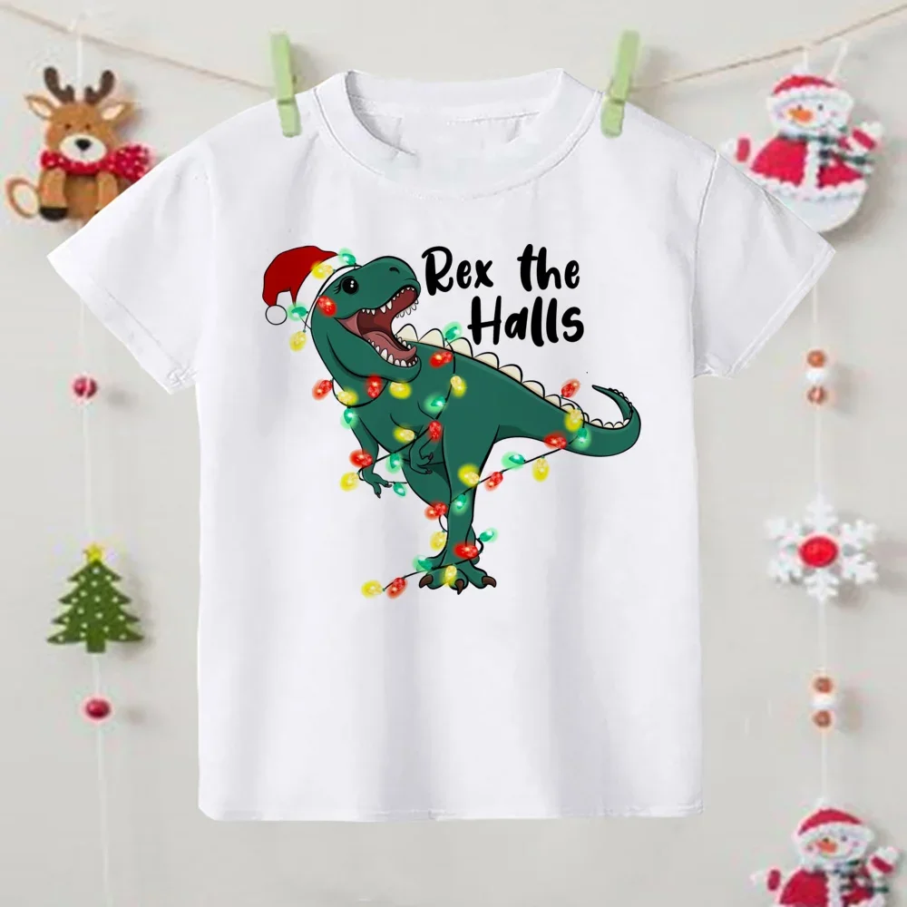 New Cartoon Dinosaur Print Shirt Christmas Child Clothes Boys Girls Short Sleeve T-shirt Kids Graphic Tee Christmas T Shirt Gift