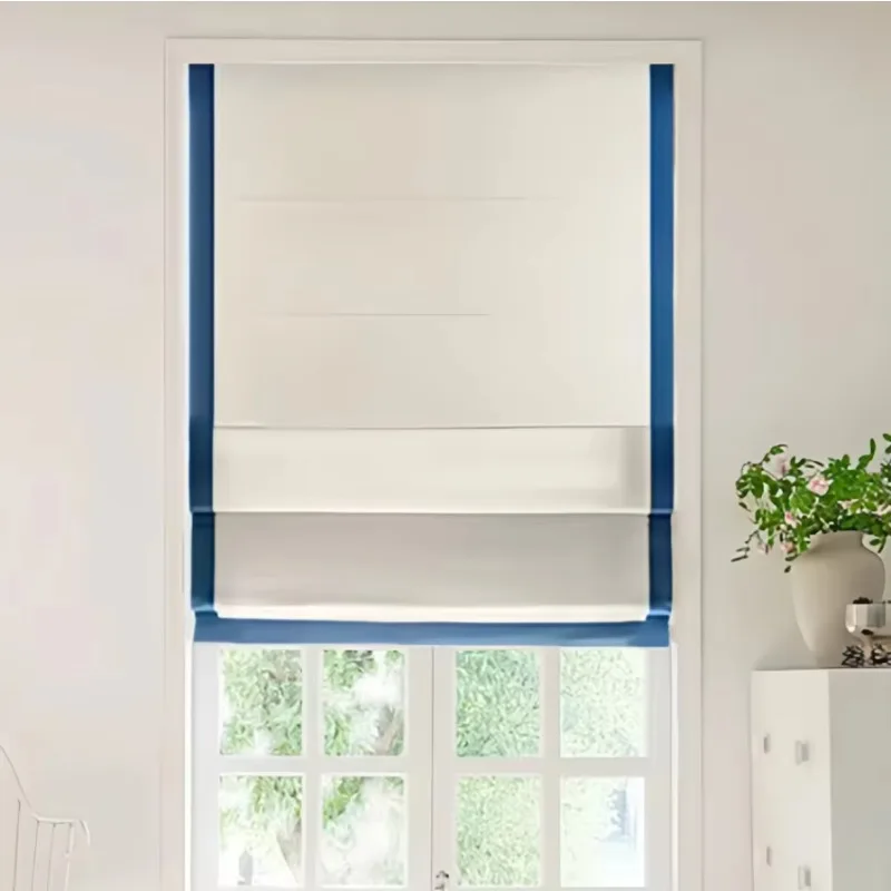 Customized White Roman Shade Blue Border Cordless Electric Built-In Ceiling Window Curtain Blinds Octagonal Horizontal Plain
