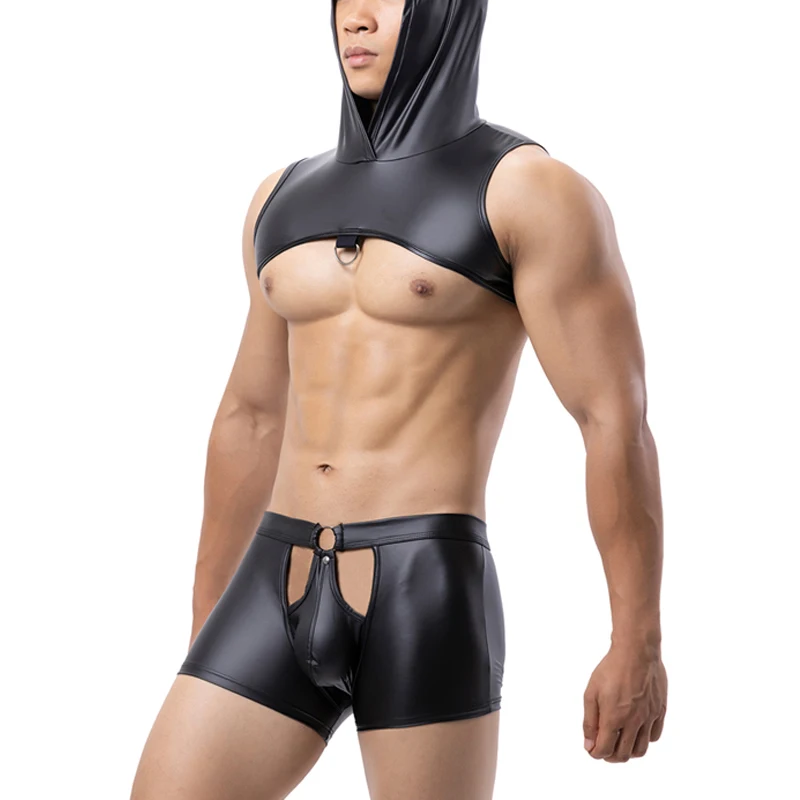 CLEVER-MENMODE Men Sexy Hooded Chest Harness Boxer Shorts PU Leather Crop Tops Set Open Penis Pouch Underwear Nightclub Vest