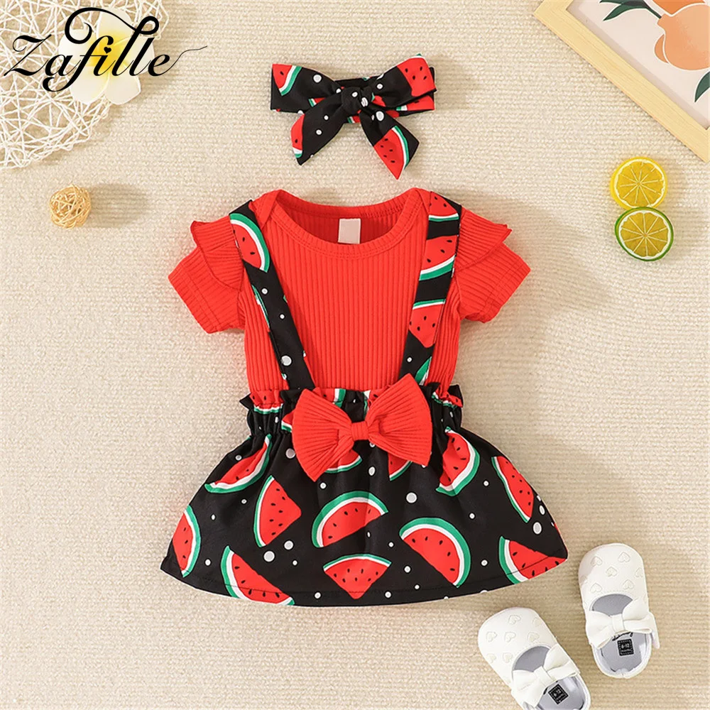 

ZAFILLE Summer Kids Girls Clothing Solid Bodysuit+Watermelon Print Strap Dress Party Toddler Baby Costume Lovely Girls Clothes