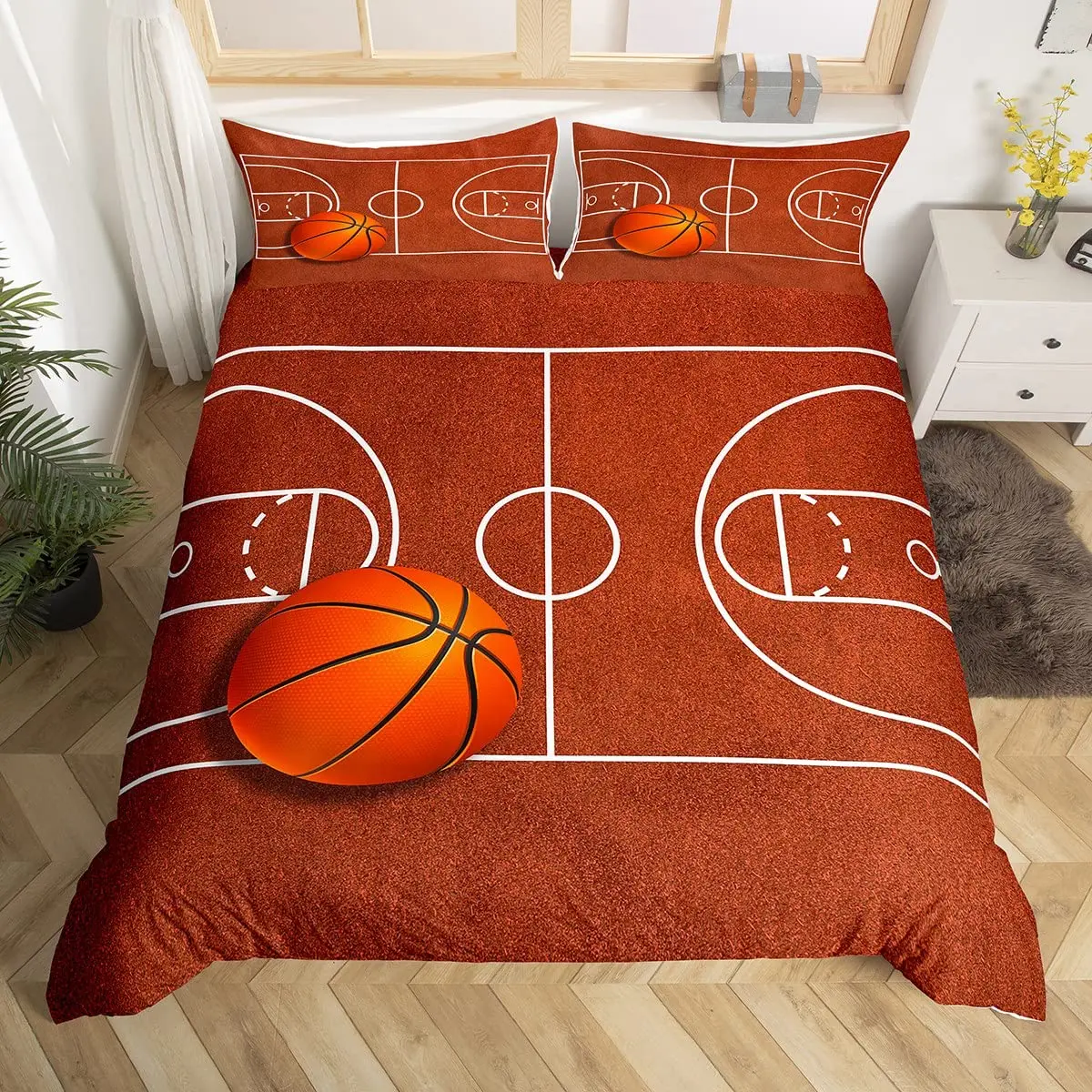 Basketball Court King  Queen Duvet Cover Red Brick Wall Background Polyester Comforter Cover Retro Sports Ball Games Bedding Set