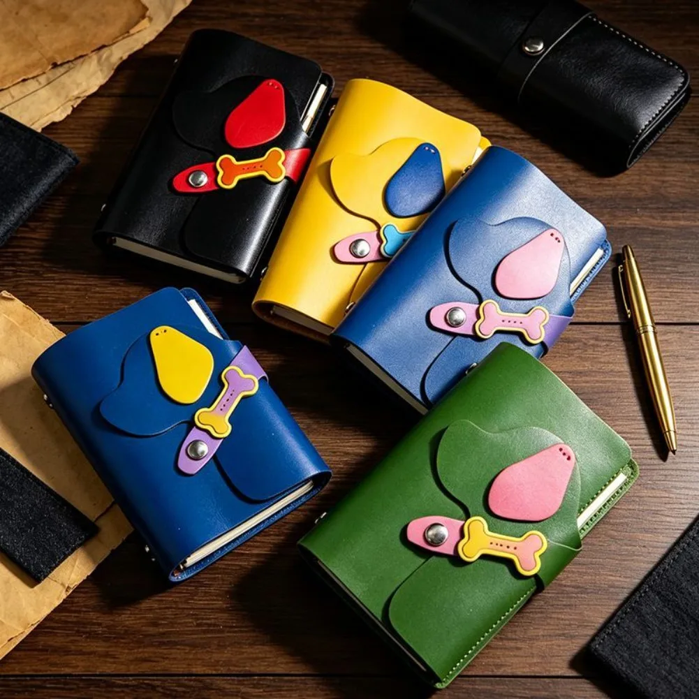 Cute Dog Bone Buckle Notebook A7 PU Leather Loose‑Leaf Handbook 3-fold Animal Portable Journal DIY Diary Pocket Planner gifts