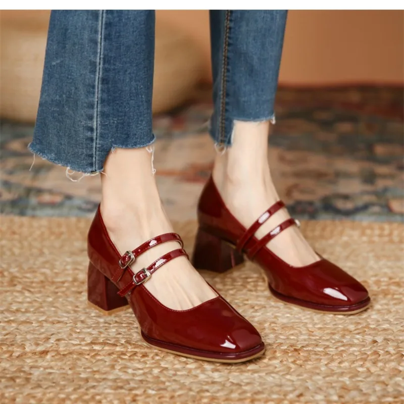 

Mary Jane Shoes Women's 2025 Spring New Block Heel Round Toe Shallow Single Shoes French Vintage Patent Leather Medium Heel