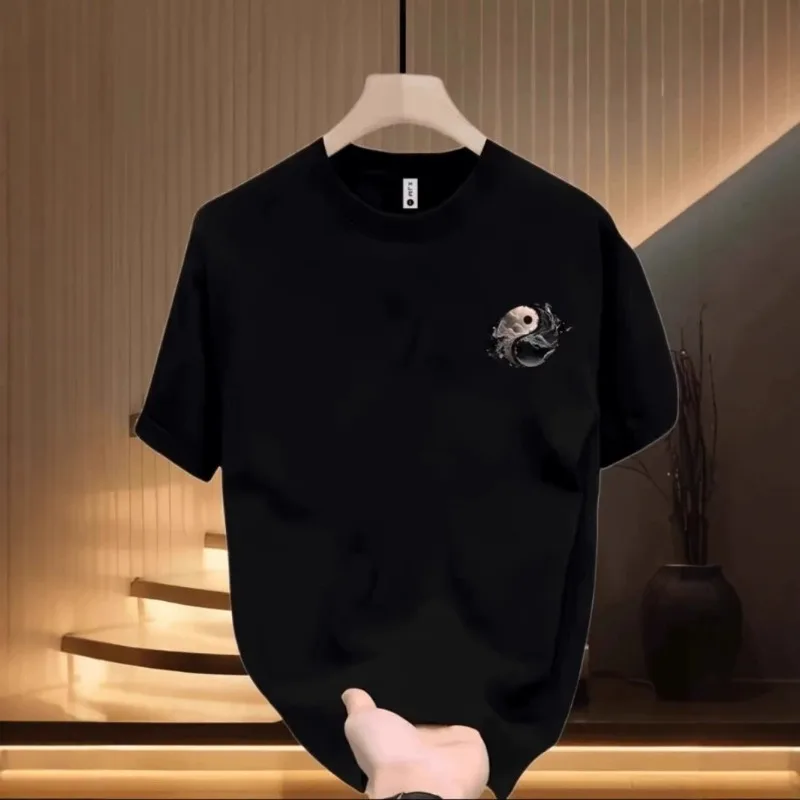 Men's Cotton T-shirts Fitted Black 5XL T Shirt for Men Casual Summer Wear Fashion Tai Chi Print Tee Shirts White Men Clothing