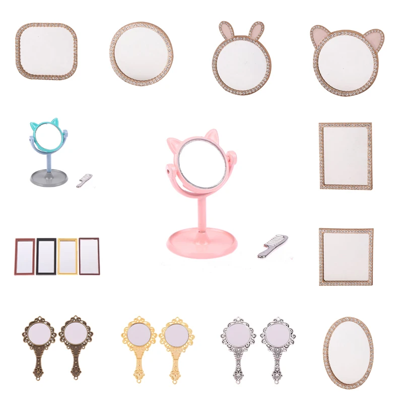 Dolls Makeup Furniture Toy Accessories Dollhouse Miniature Vintage Glod Vanity Mini Doll House Mirror, Dressing Mirror, Comb