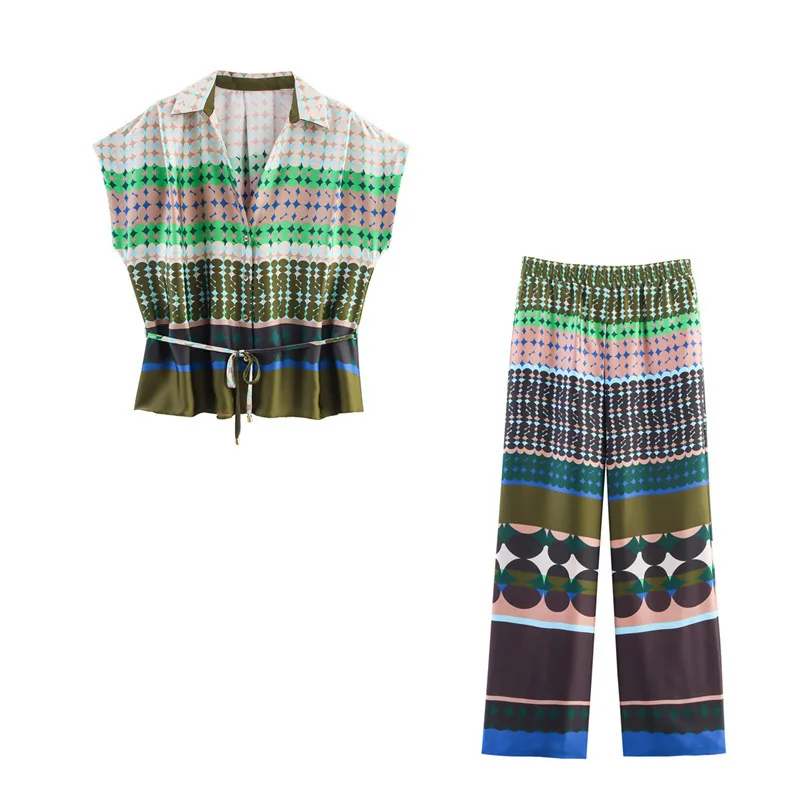 おしゃれなプリント柄ルーズシャツとワイドレッグパンツのレディースツーピースセット 秋の新作 欧風カジュアルウェア