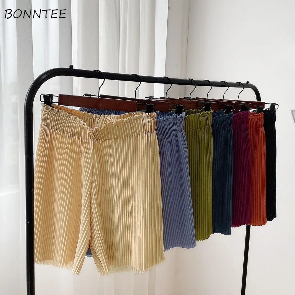 

11 Colors Knitwear Pleated Shorts Women Summer Wide Leg Thin Solid Chic Retro Sporty All-match Leisure Schoolgirls Fashion Loose