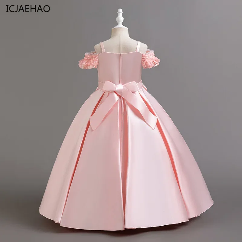 ICJAEHAO 2024 Kids Elegant Wedding Child Vestido Solid Luxury Girl Host Performance Off Shoulder Beading Princess Dresses Girls