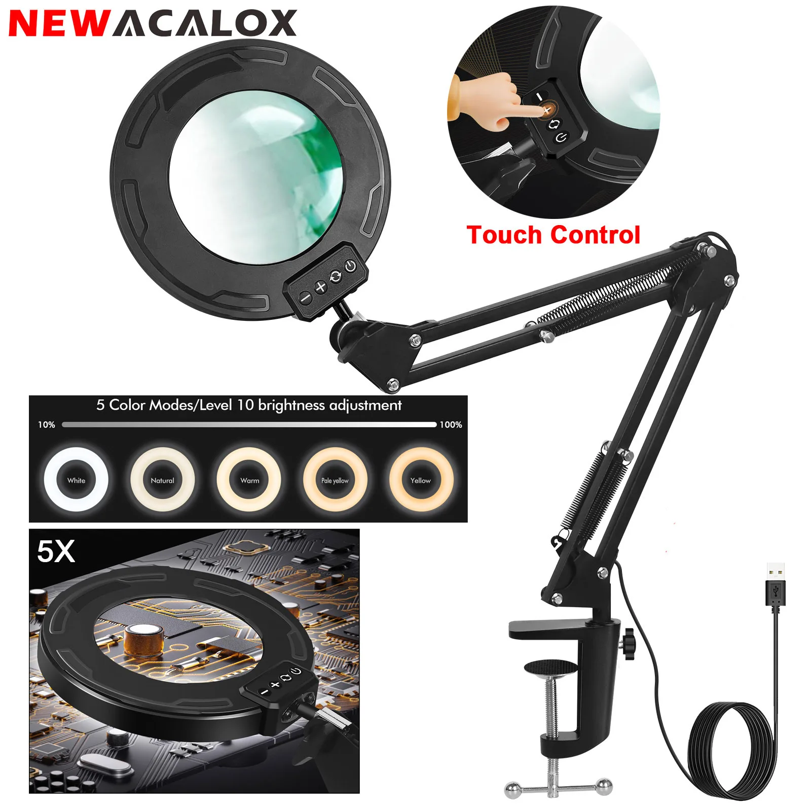 

NEWACALOX 5X Magnifying Glass With 146 LEDs Light 5 Color 10 Level Brightness Desk Lamp For Reading Crafts Hobbies Close Work