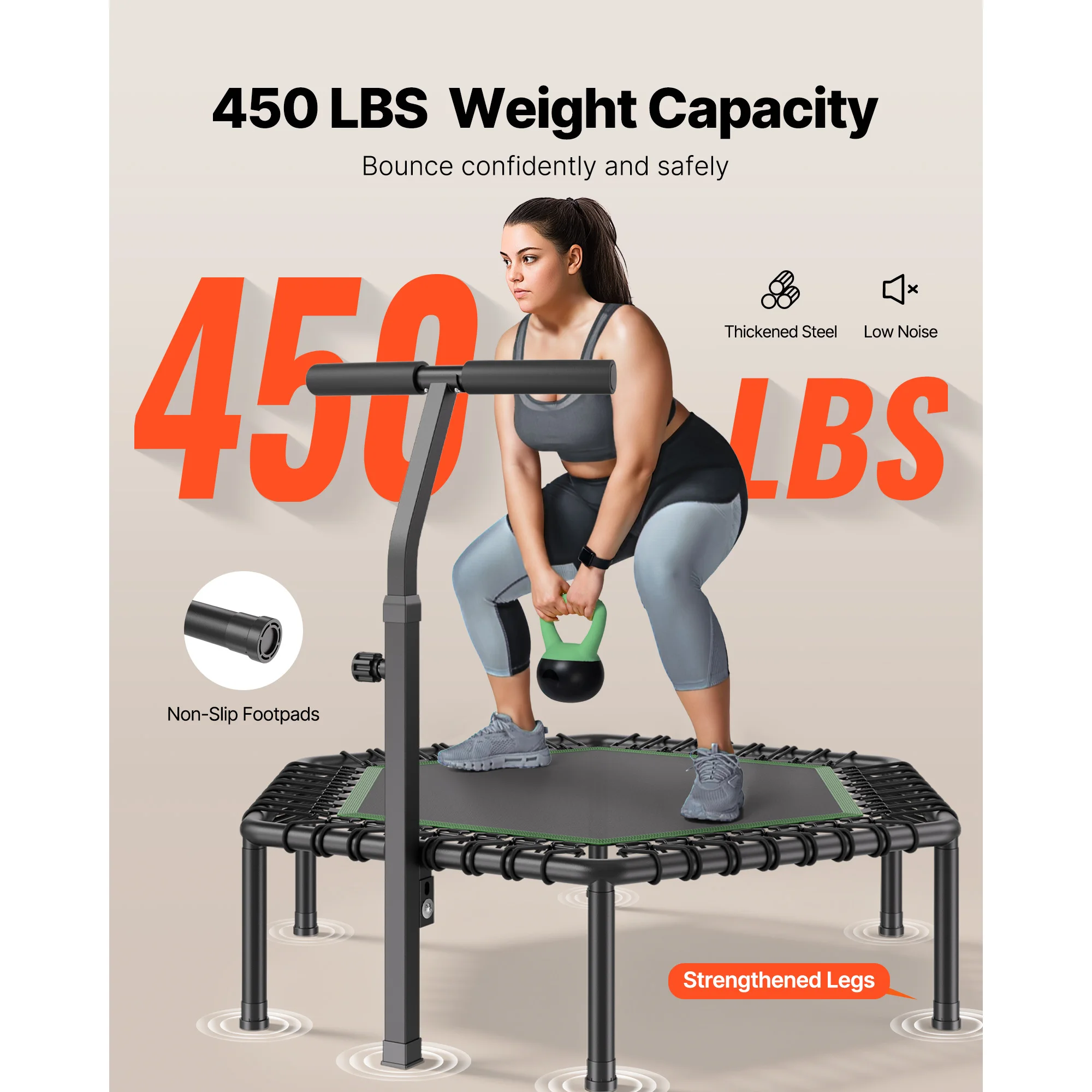 SucceBuy 54.5 Inch Mini Trampoline 450 lbs Stable & Quiet with 3 Levels Height Foam Handle for Adults Indoor/Garden Workout