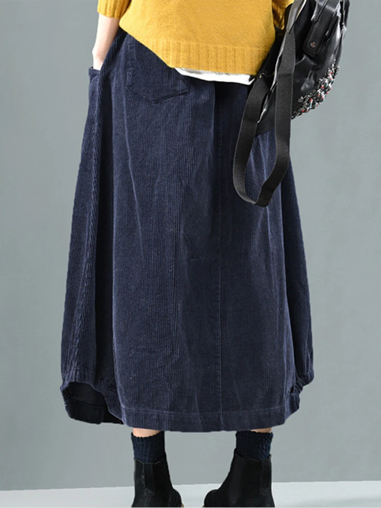 Amax luluE Women New Fashion Vintage Elegant Corduroy Design Skirts 2024 Spring British Style Elastic Casual Clothes Solid Skirt