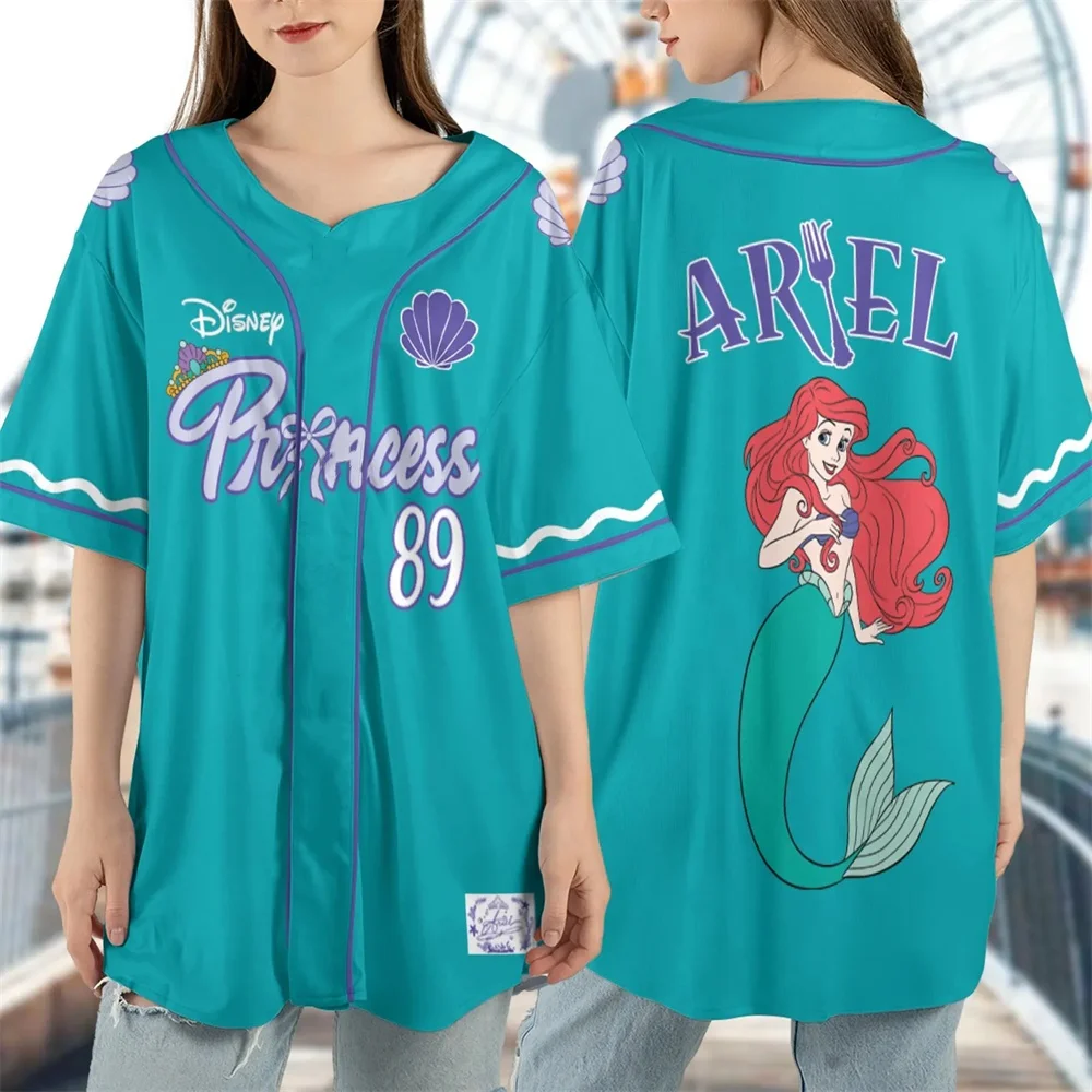 حفلة أميرات ديزني اختر الأميرة التي تحبها على طراز البيسبول، ملابس عائلية متطابقة، أكمام قصيرة مطبوعة برسوم كارتونية عالية الجودة