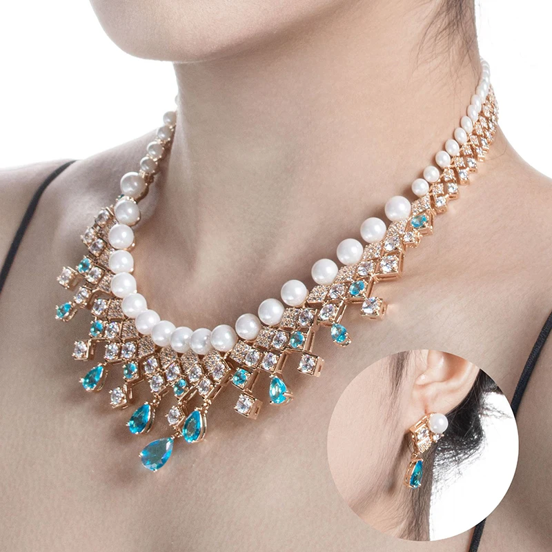 

SENYU Beautiful Water Drop Zircon 2pcs Jewelry Sets High Quality Shell Pearl Dubai Women Necklace Earrings Sets for JewelryGift