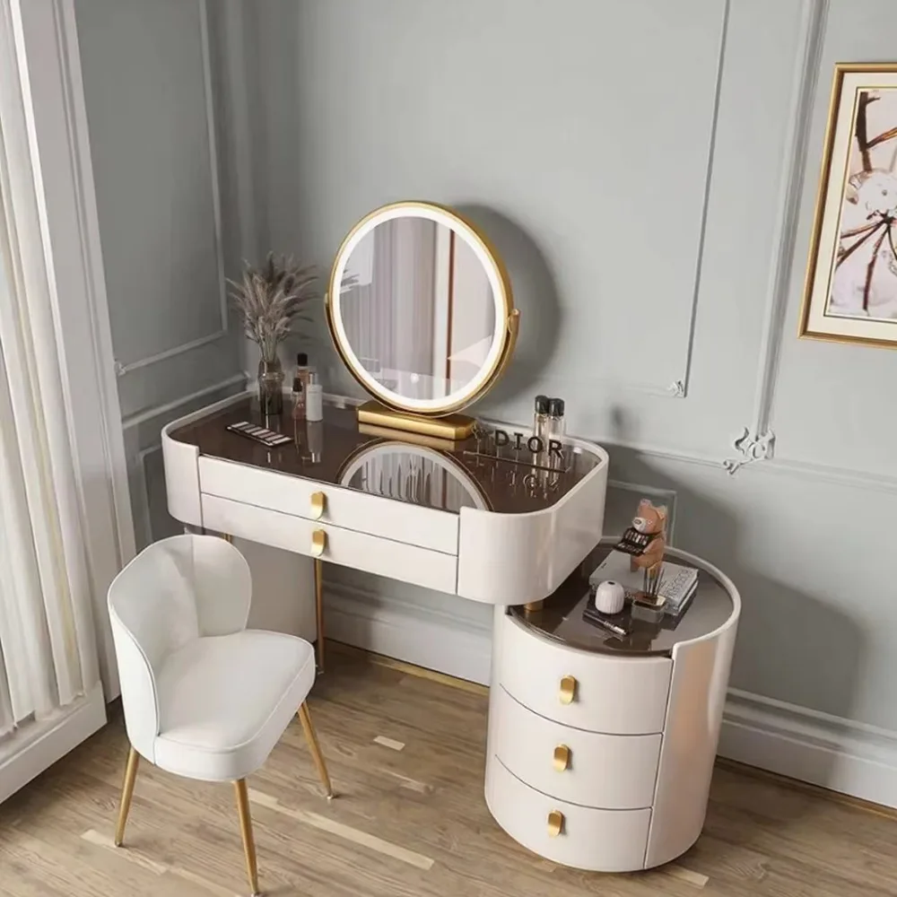 

Smart Bedroom Furniture Modern Simple Multi-functional Princess Dressing Makeup Table with Side Cabinet Vanity Smart Mirror