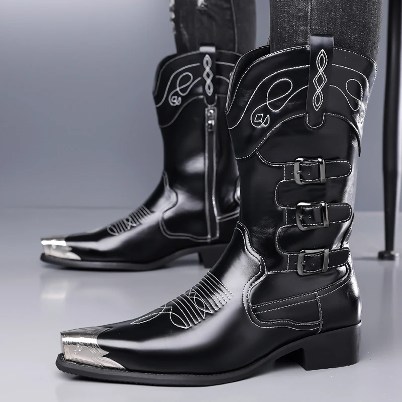 

men fashion hip hop rock high motorcycle boots metal toe original leather shoes cowboy designer boot cool long knight botas male