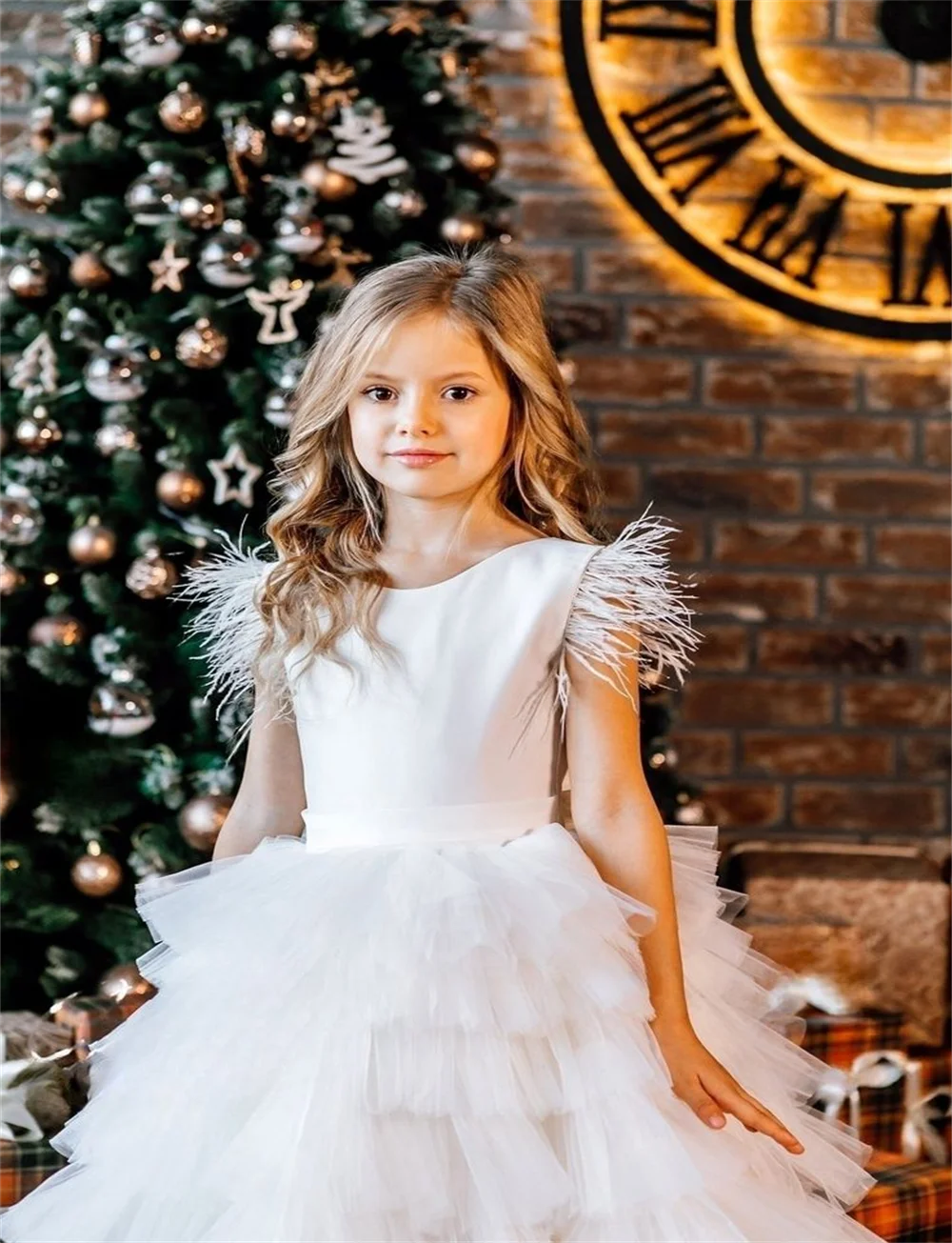 Pena em camadas tule vestido de baile branco flor menina vestidos crianças primeira comunhão vestido crianças pageant vestidos de festa de casamento