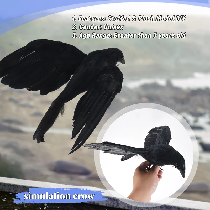 Halloween Prop Feathers Crow Bird Large 25X40cm Spreading Wings Black Crow Toy Model Toy,Performance Prop