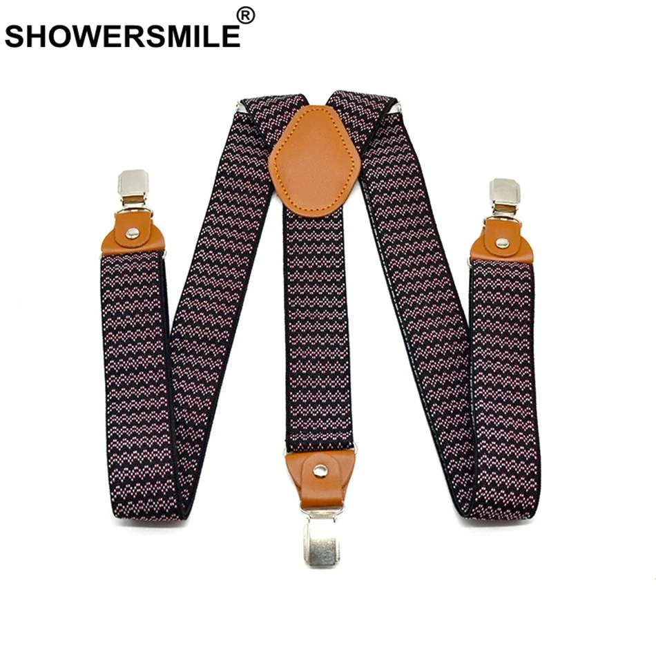 

SHOWERSMILE Mens Suspenders Braces Elastic Mens Trouser Belt 3.5cm*120cm new design Straps Houndstooth Male Suspender 3 Clips