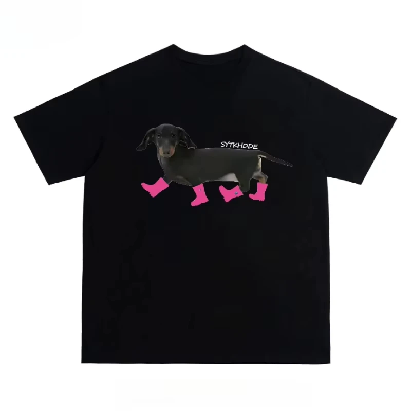 

Summer New American Streetwear Style Dachshund Dog Print Short-sleeved T-shirt for Men and Women High Street Couple Half-sleeved