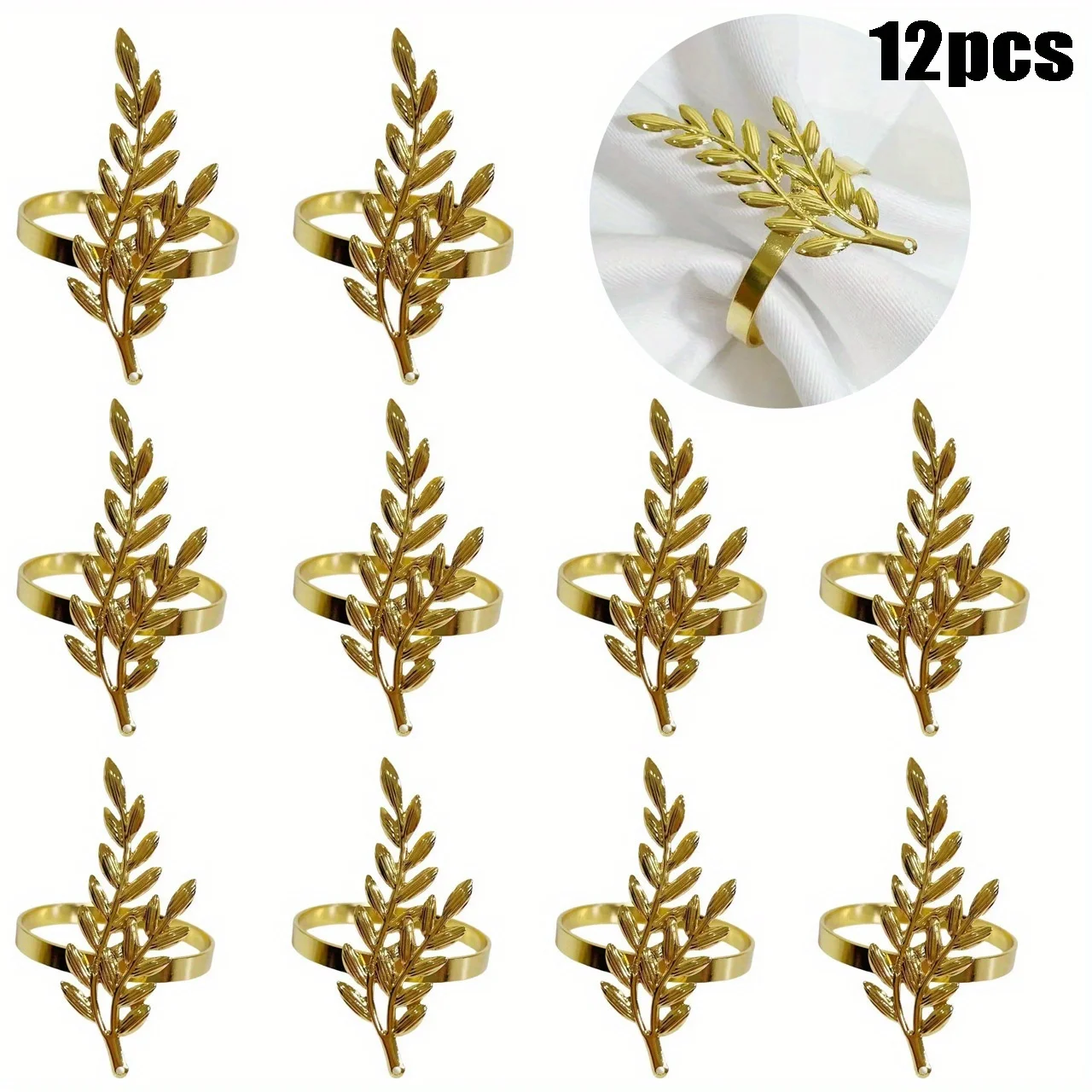 12 PCS Gold Napkin Rings, Gold Leaf Napkin Holder Rings Metal Wheat Leaf Napkin Rings for Table Setting Wedding Birthday Party