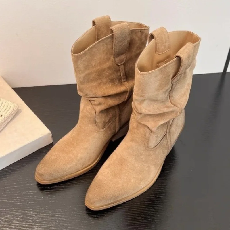 

Винтажные ковбойские ботильоны в стиле вестерн для женщин, женская осенняя обувь без шнуровки из замши на высоком каблуке, элегантные современные короткие ботильоны