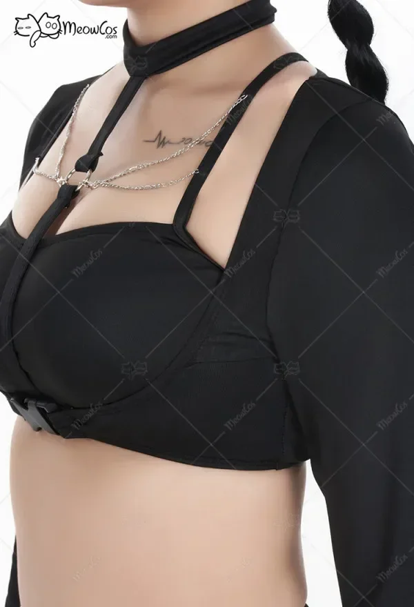 Meowcos Costume da bagno a due pezzi nero con ritaglio gotico da donna con cinturino per le gambe